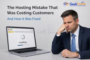 A frustrated businessman looks at a laptop displaying a slow-loading website, highlighting the impact of poor hosting performance on user experience and business growth.